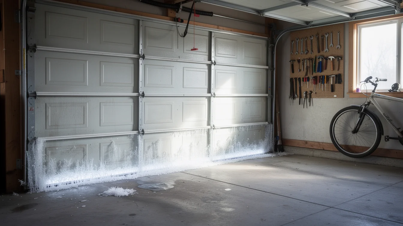 The white garage door has ice and snow built up along the bottom.