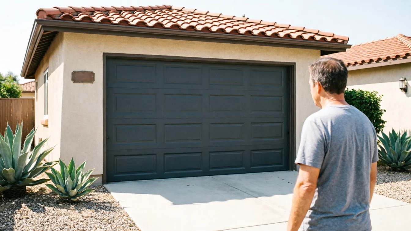 A man stands facing a closed dark gray garage door on a stucco house.