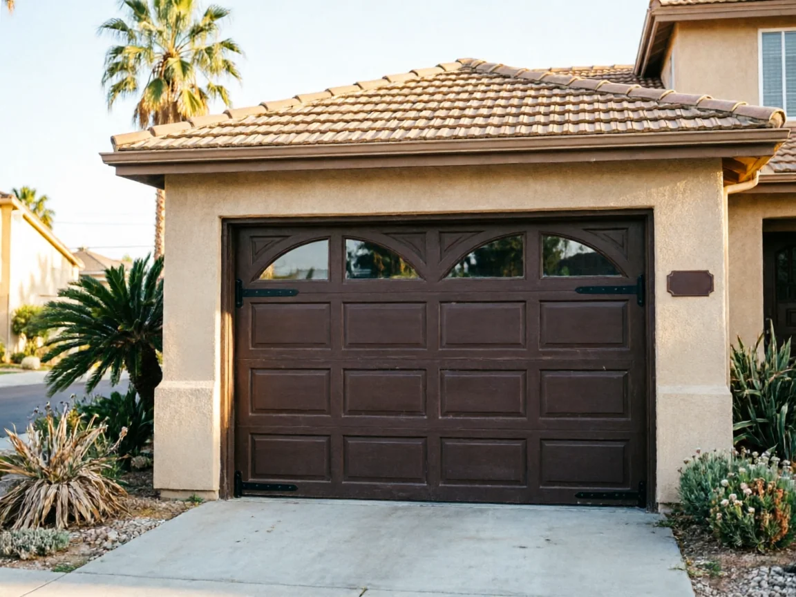 A brown garage door with arched windows is on a tan house.