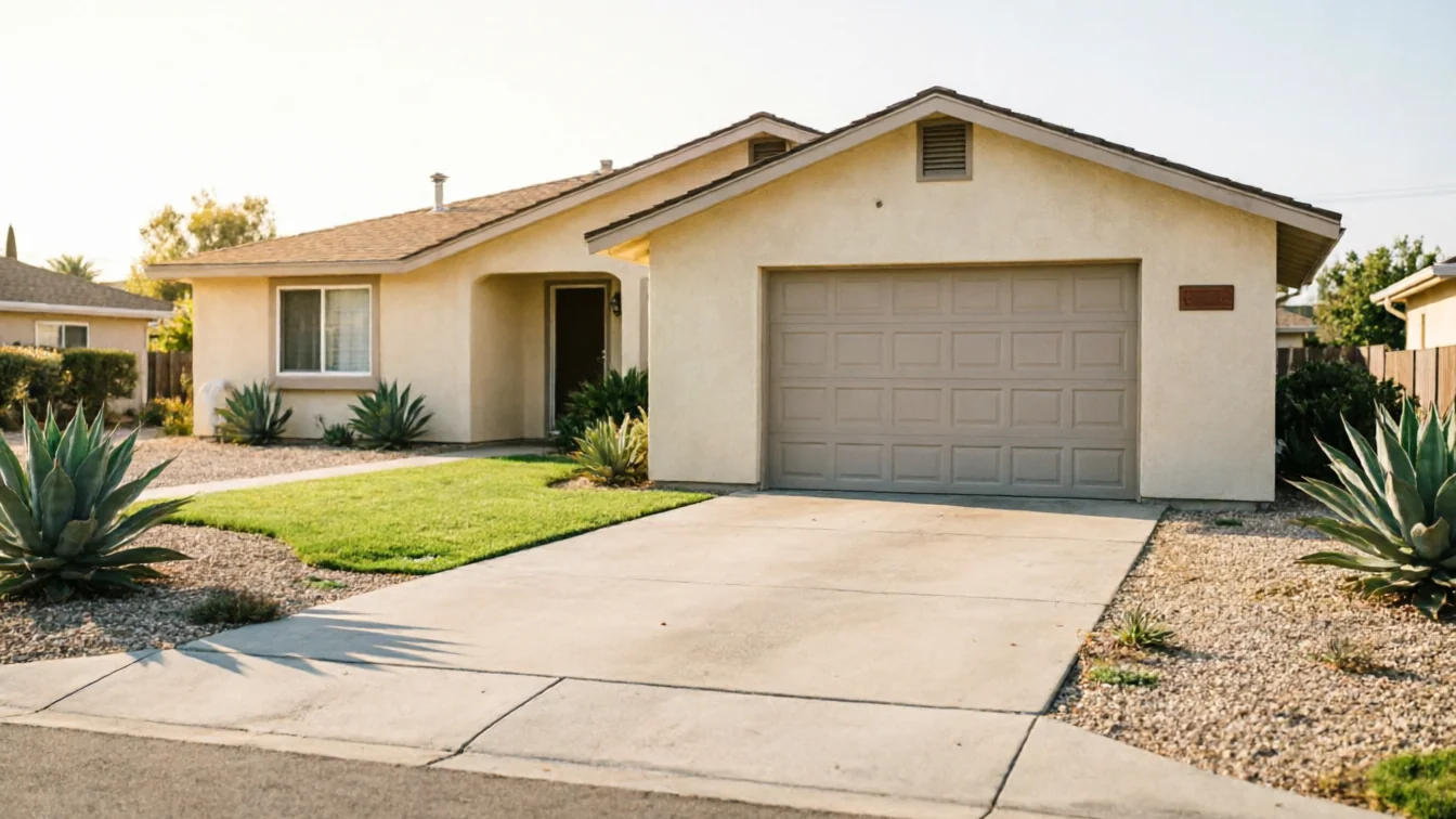 A beige house with a light brown garage door and a green lawn.