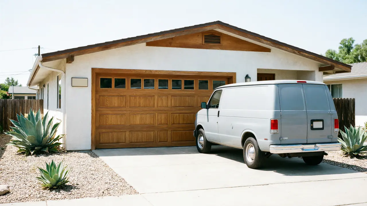 Installer fitting a new white raised-panel garage door on a shingle-sided home