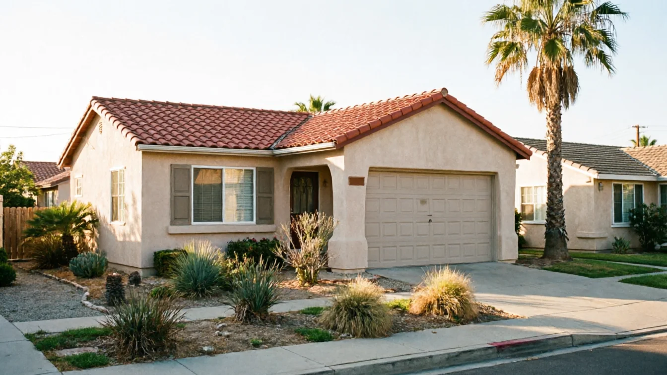 A beige house with a red tile roof and a closed beige garage door.