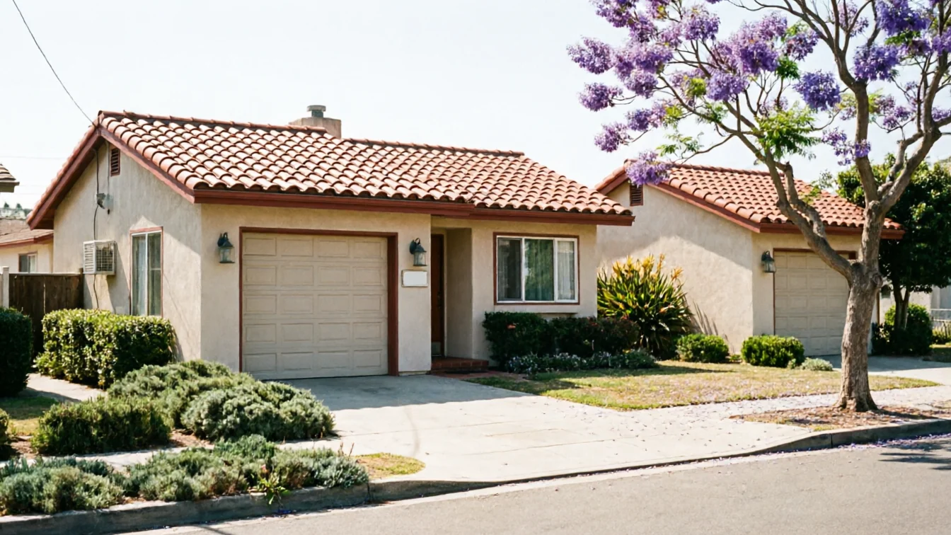 A house with a tan garage door, a red tile roof, and a purple flowering tree.
