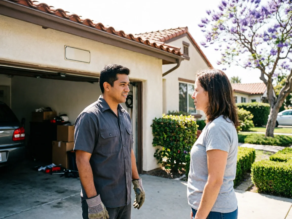 A technician and a woman stand talking in a driveway in front of a house.