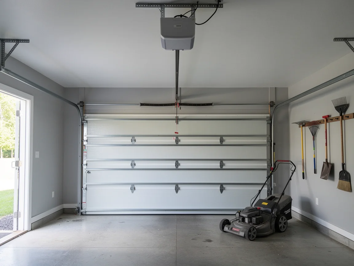 A white garage door is open with a lawnmower and tools inside.