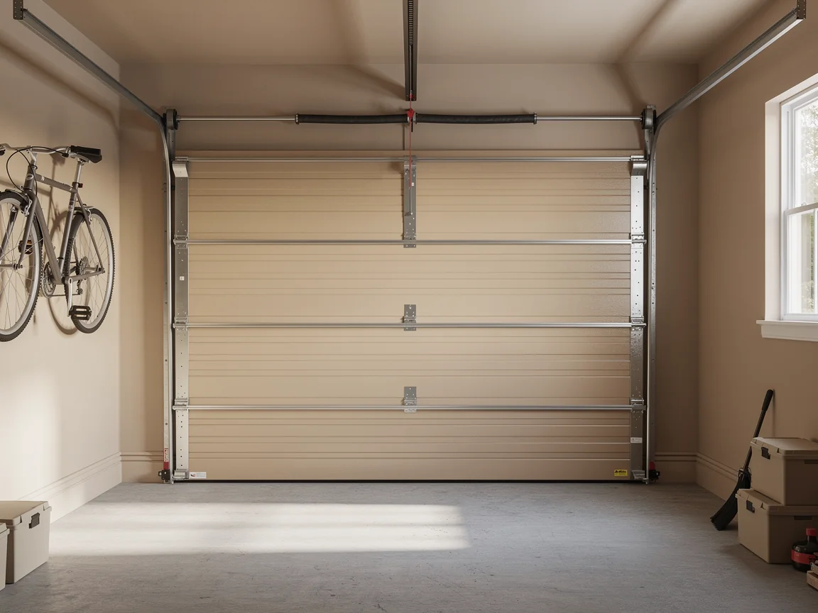 A beige garage door is closed inside a garage with a bicycle on the wall.