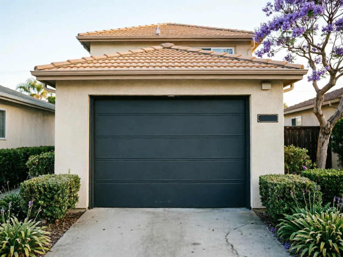 A dark gray garage door on a stucco house with a tiled roof.