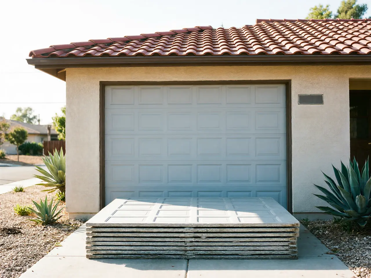 A stack of garage door panels sits in front of a closed garage door.
