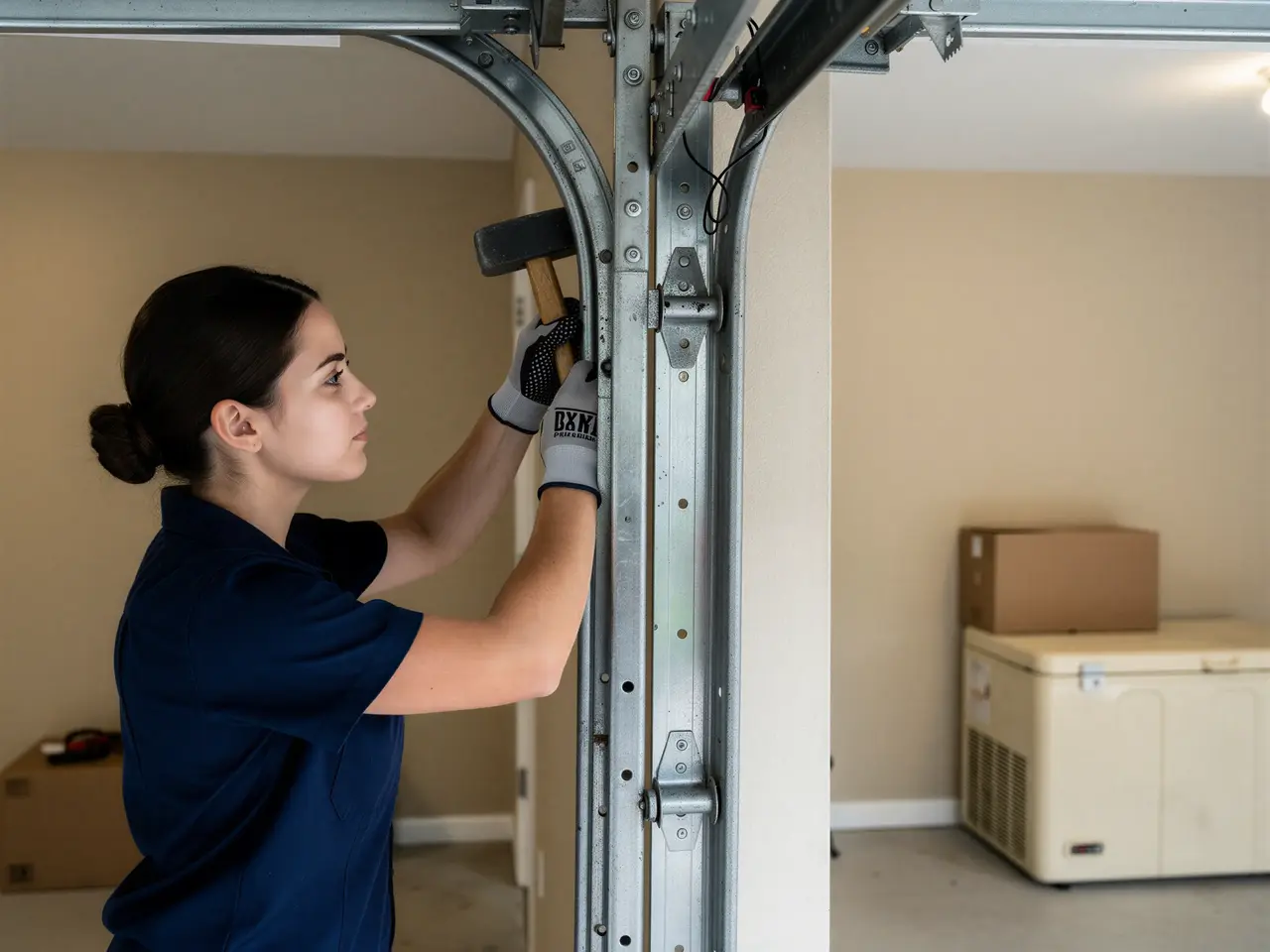 A technician in gloves uses a hammer on a garage door track.