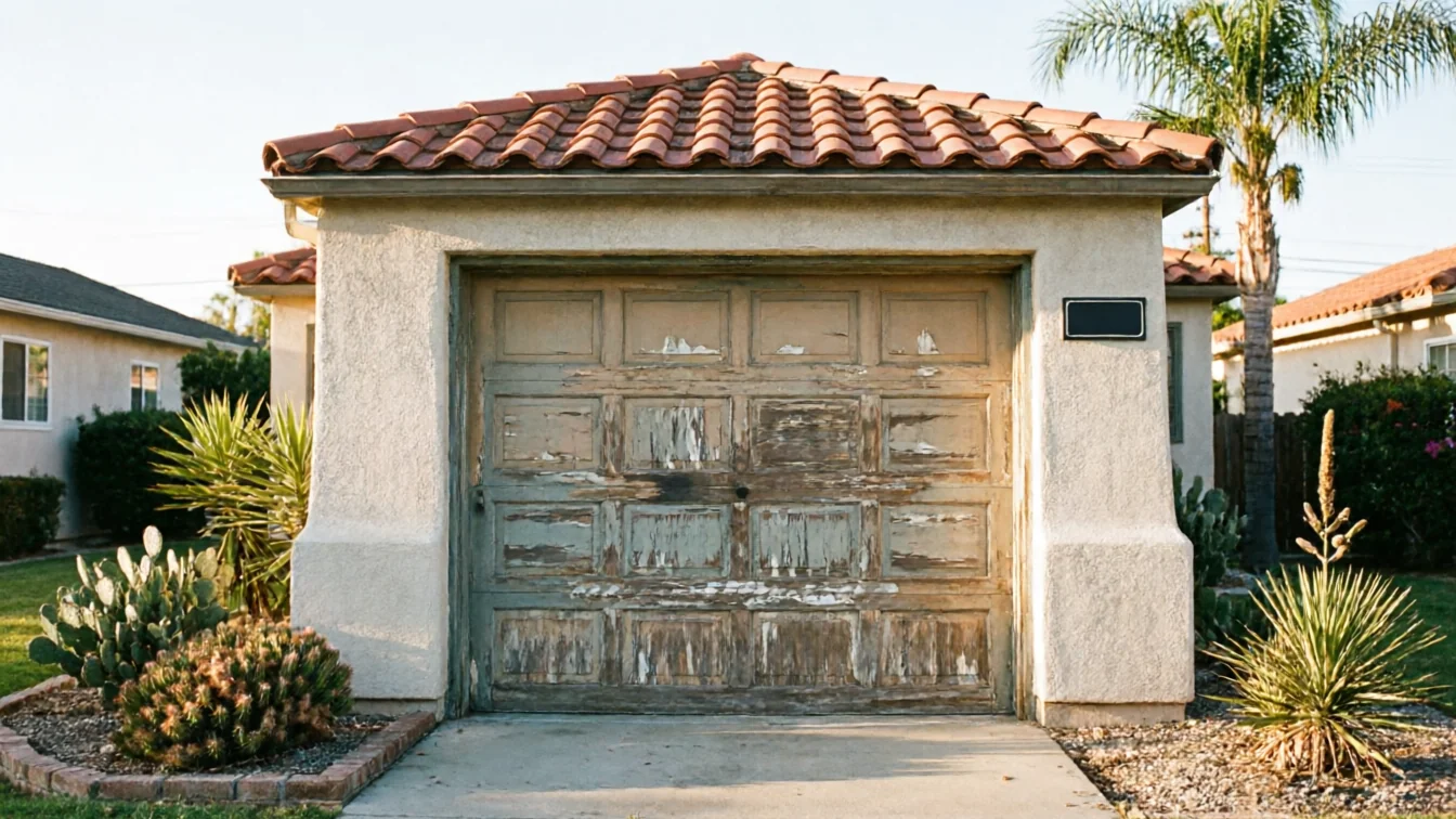 The garage door is old and weathered with peeling paint.